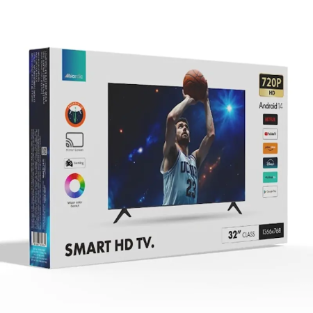 מסך 32 אינץ' רזולוציה 1366x768 / 720P HD, אנדרואיד גרסה 14, חיבור בלוטוט', שלט רחוק עם שליטה קולית * שנה אחריות יבואן רשמי Nordic *